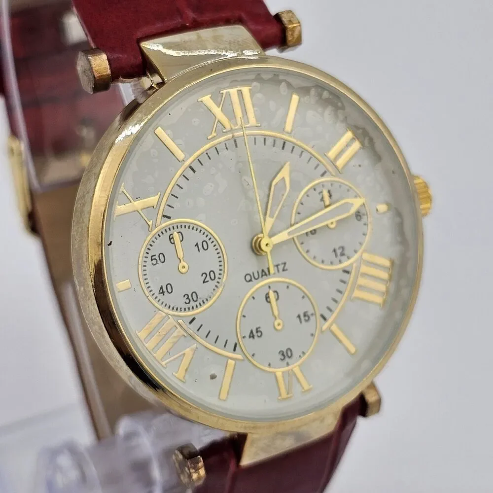 Women's Watch 38MM Cream Dial Roman‎ Numerals Red Faux Leather Bands New Battery